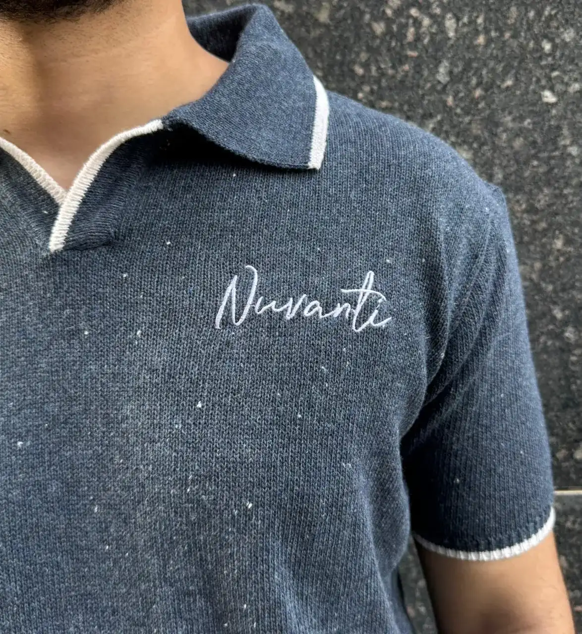 Nuvanti chest embroidery detail on the Knitted Embroidered Polo